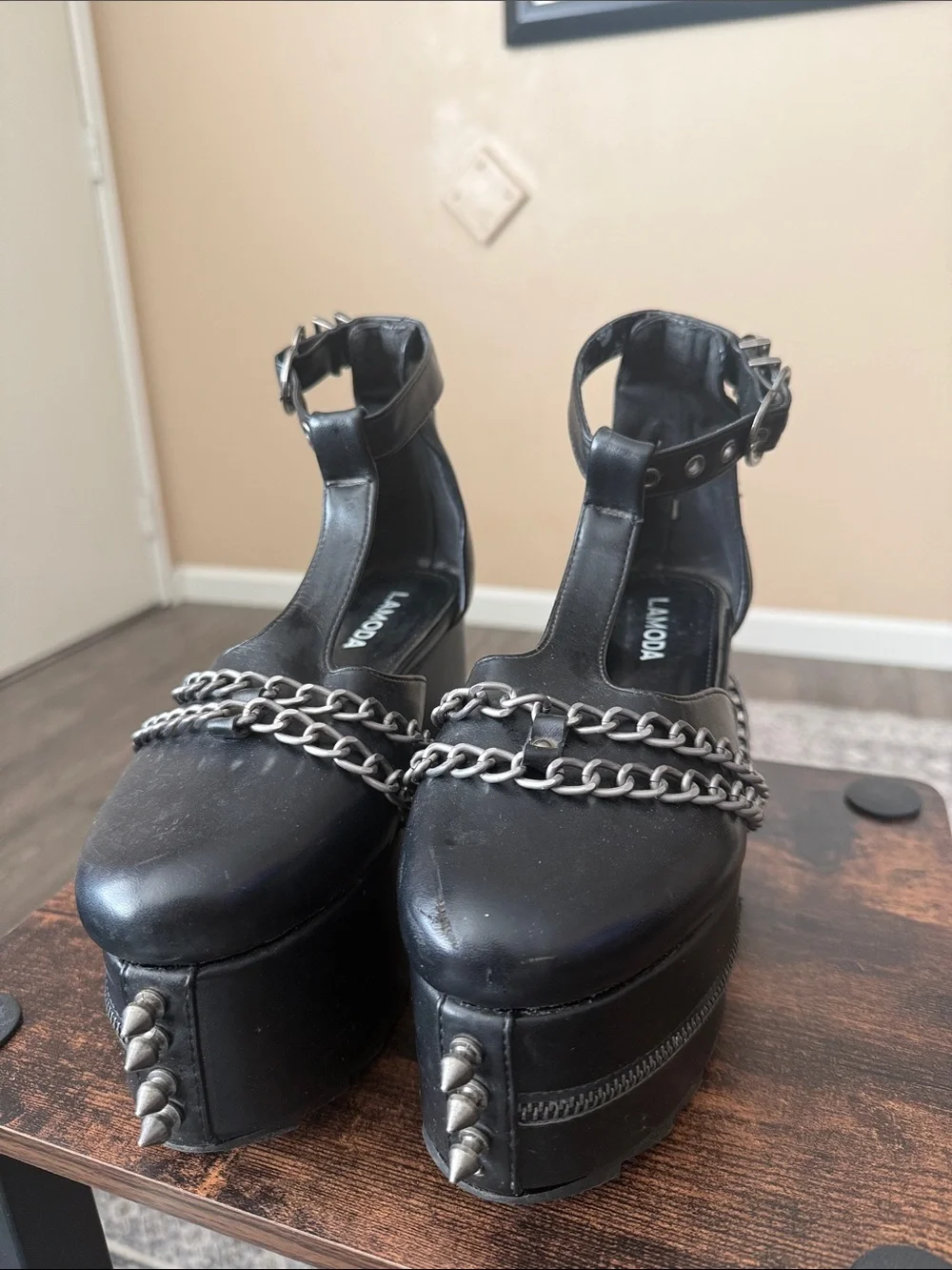 LAMODA Black Platform Mary Janes with Chain & Spike Accents